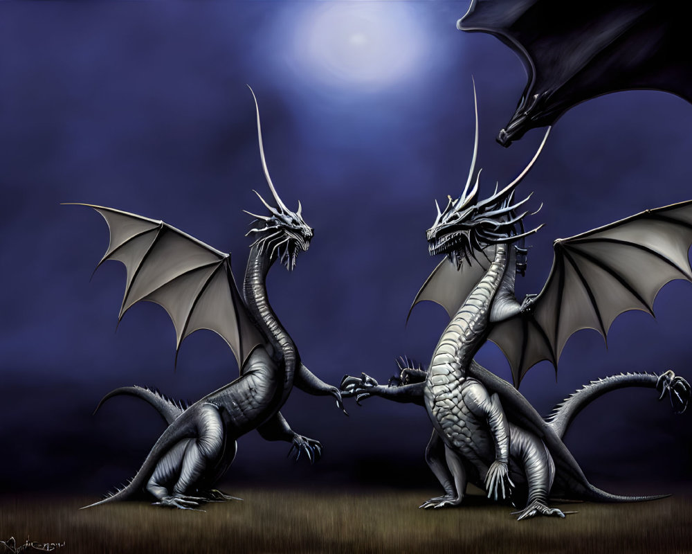 Three dragons under night sky with full moon