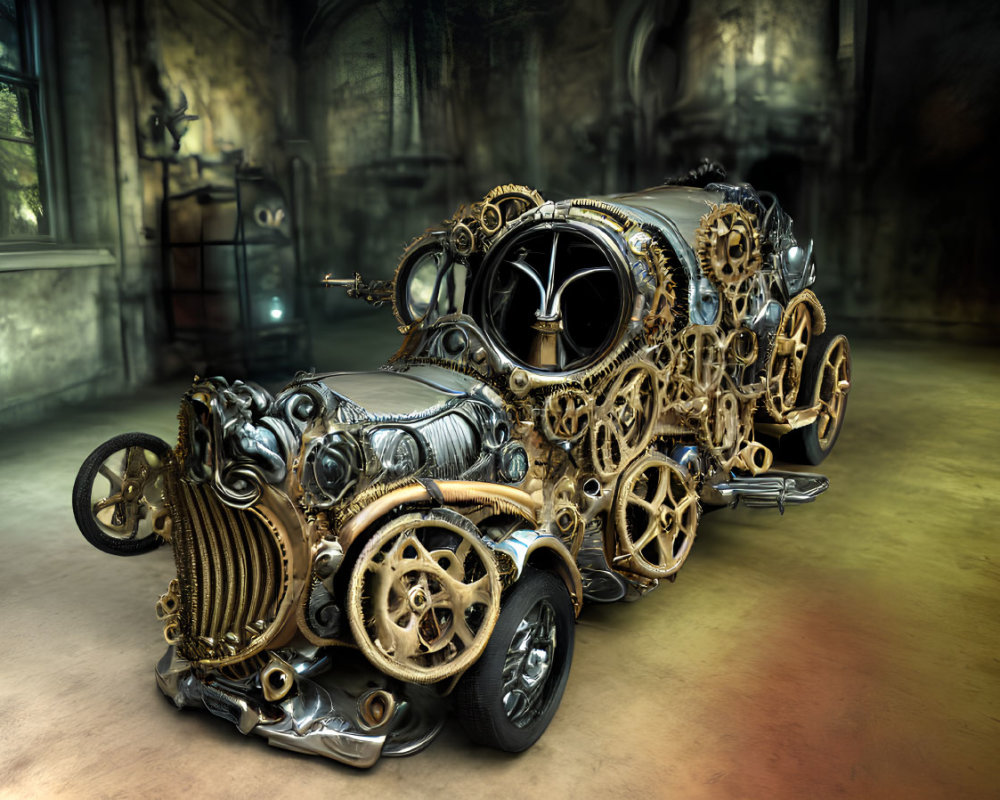 Steampunk-style car with gears and metallic details in industrial setting