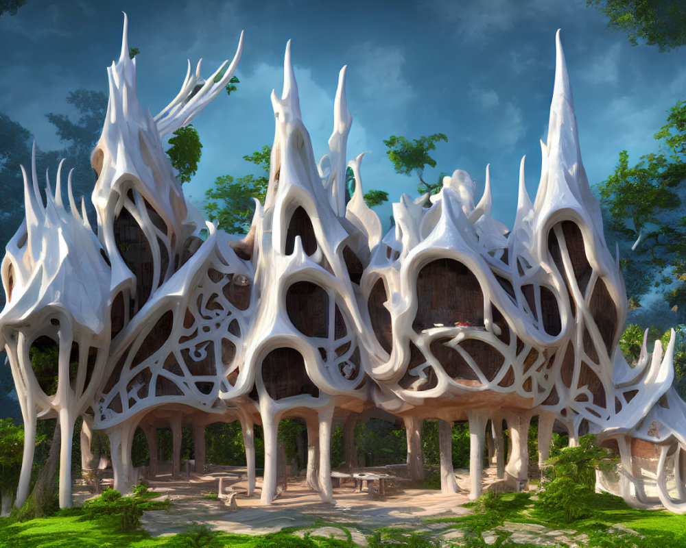 Organic bone-like treehouse in lush forest with intricate windows