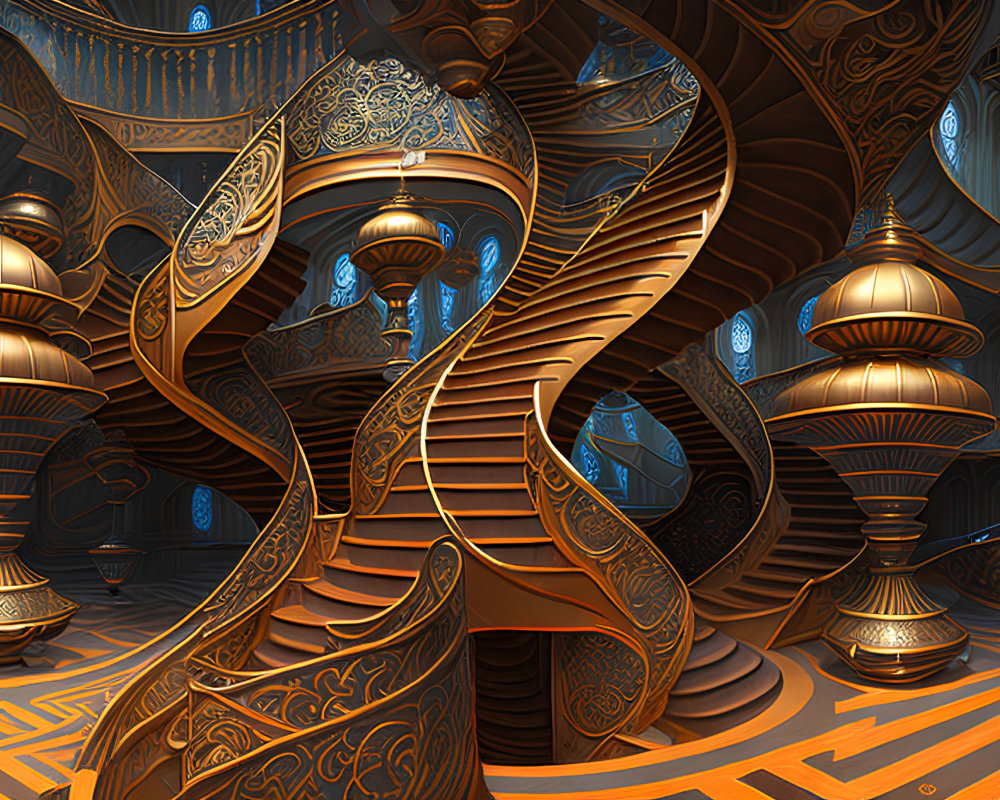 Intricate golden spiral staircases in fantastical interior