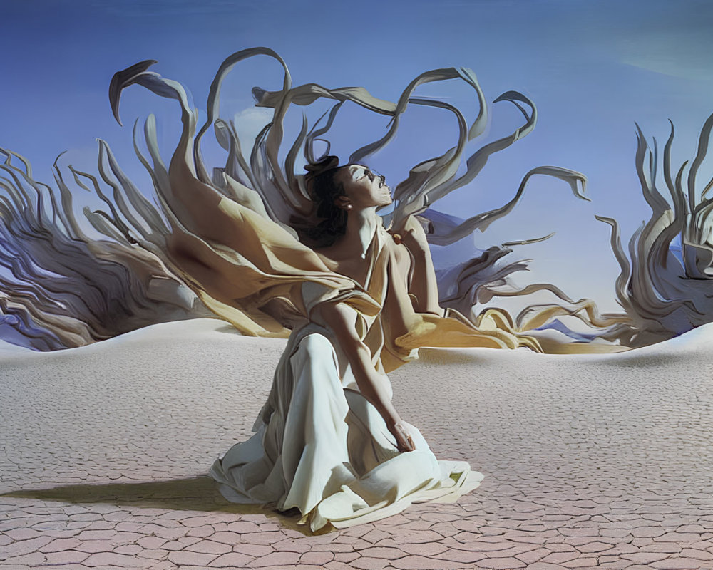 Woman in elegant dress surrounded by surreal tree-like forms on cracked desert floor