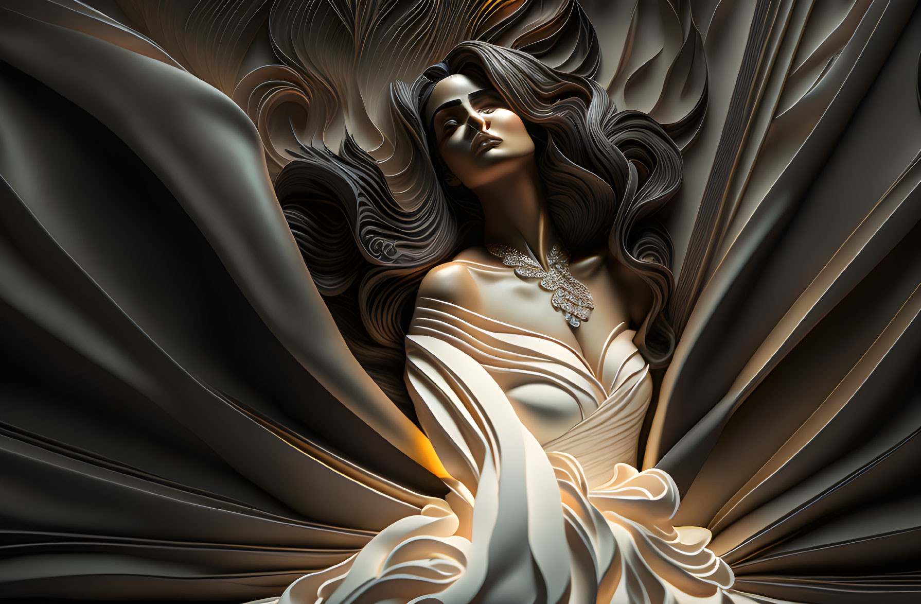 Abstract monochromatic illustration of woman with flowing hair and dress merging with swirling patterns