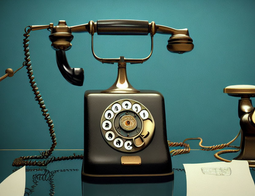 Vintage Black Rotary Phone with Receiver and Phonebook on Teal Background