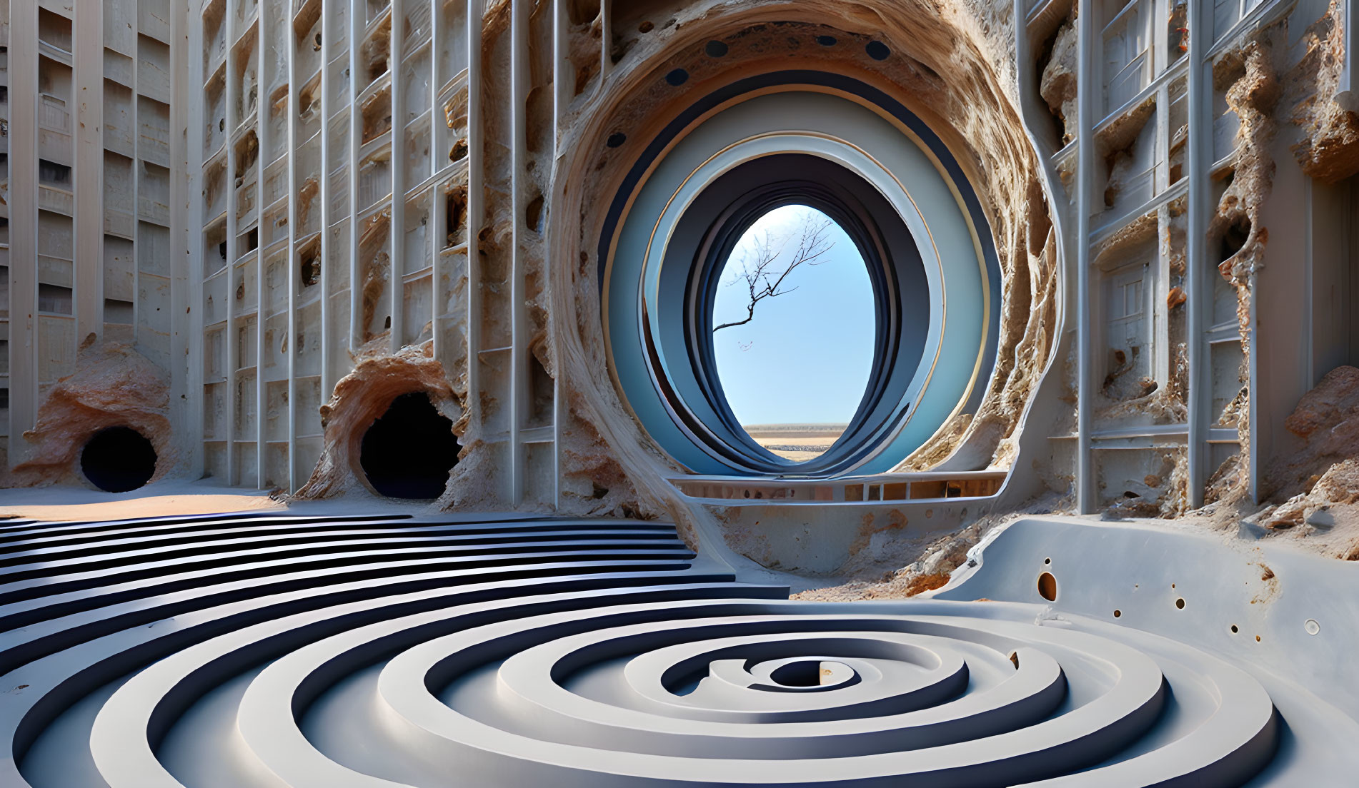 Surreal landscape with concentric circles, leafless tree, circular openings, and textured walls