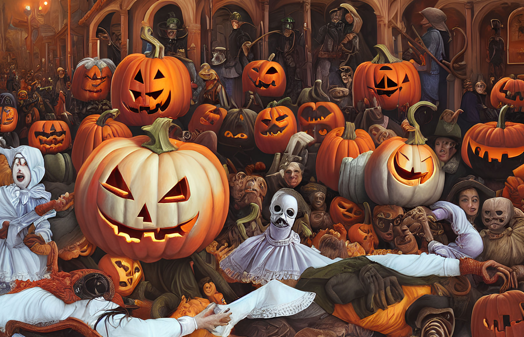 Colorful Halloween Costumes and Jack-o'-lanterns in Autumn Scene