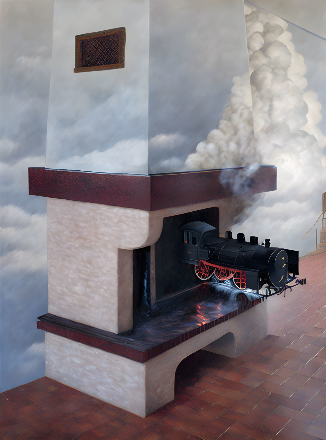 Surreal image: Train exiting fireplace with smoke