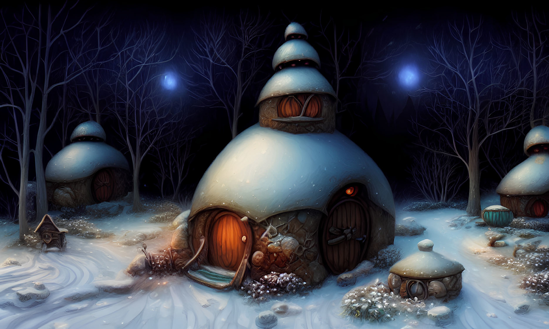 Fantasy huts in snow-covered forest under starry sky