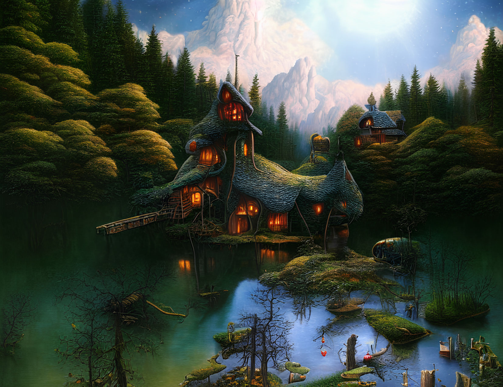 Enchanting Fantasy Landscape with Glowing House in Forest