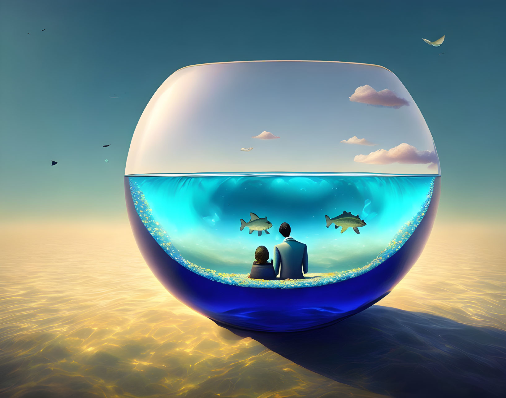 Couple in Giant Translucent Fishbowl on Surreal Seascape