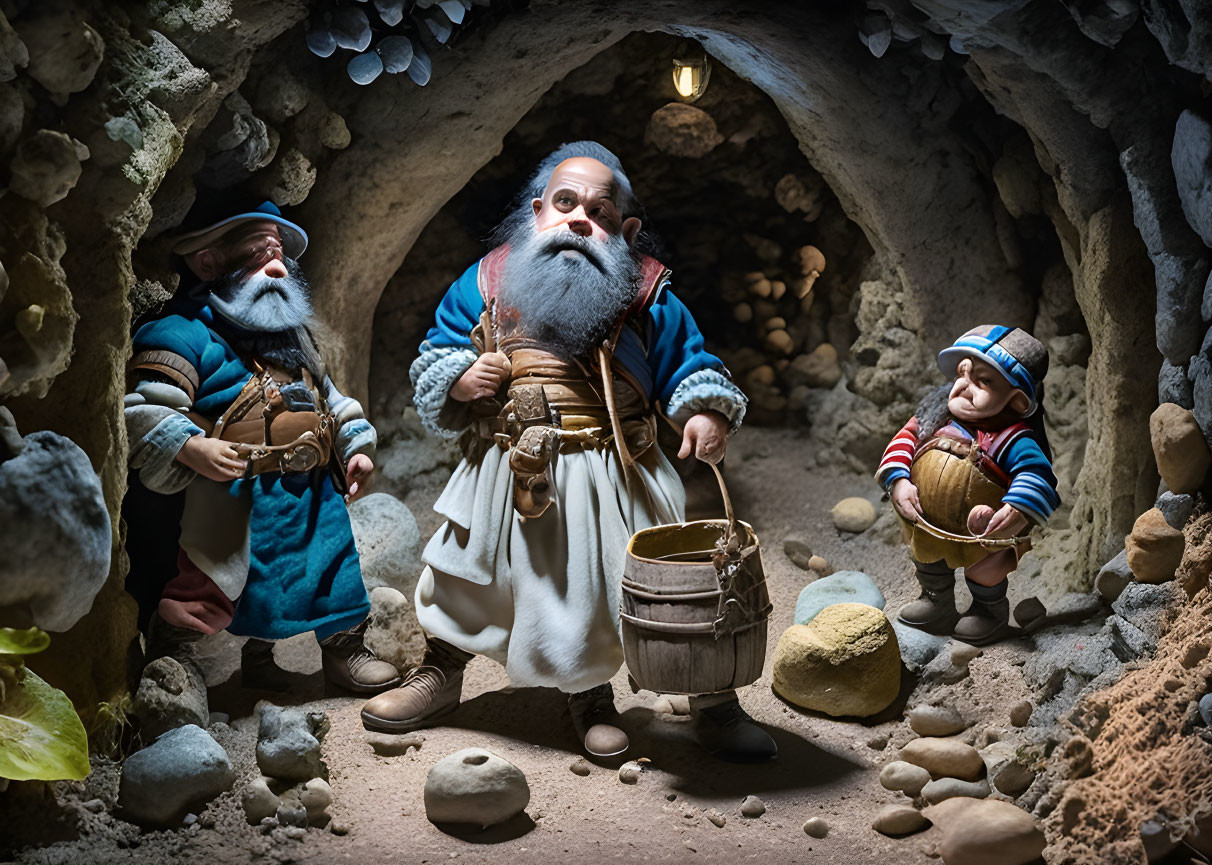 Gnome figures with pickaxes and bucket in cave scene