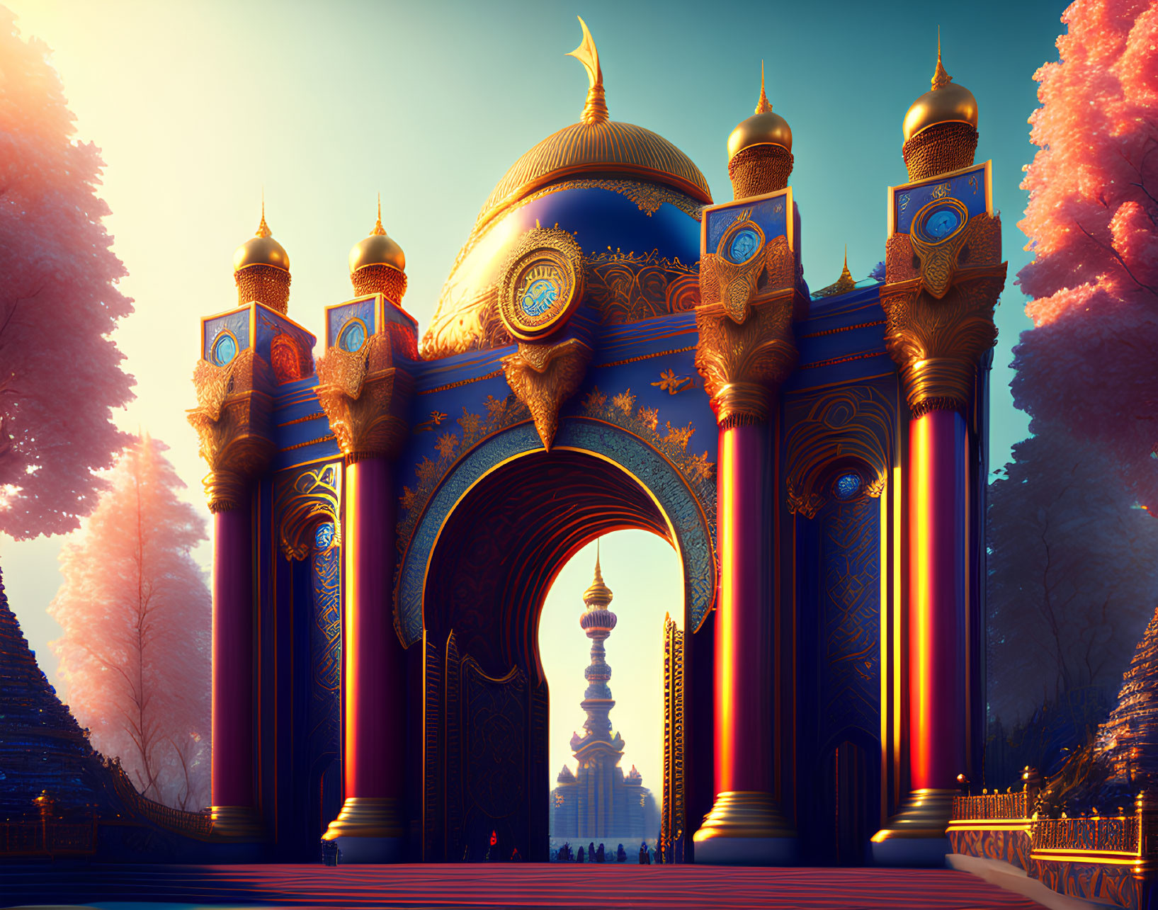 Colorful ornate gate with domes and towers under a sunset sky leading to a distant mystical structure