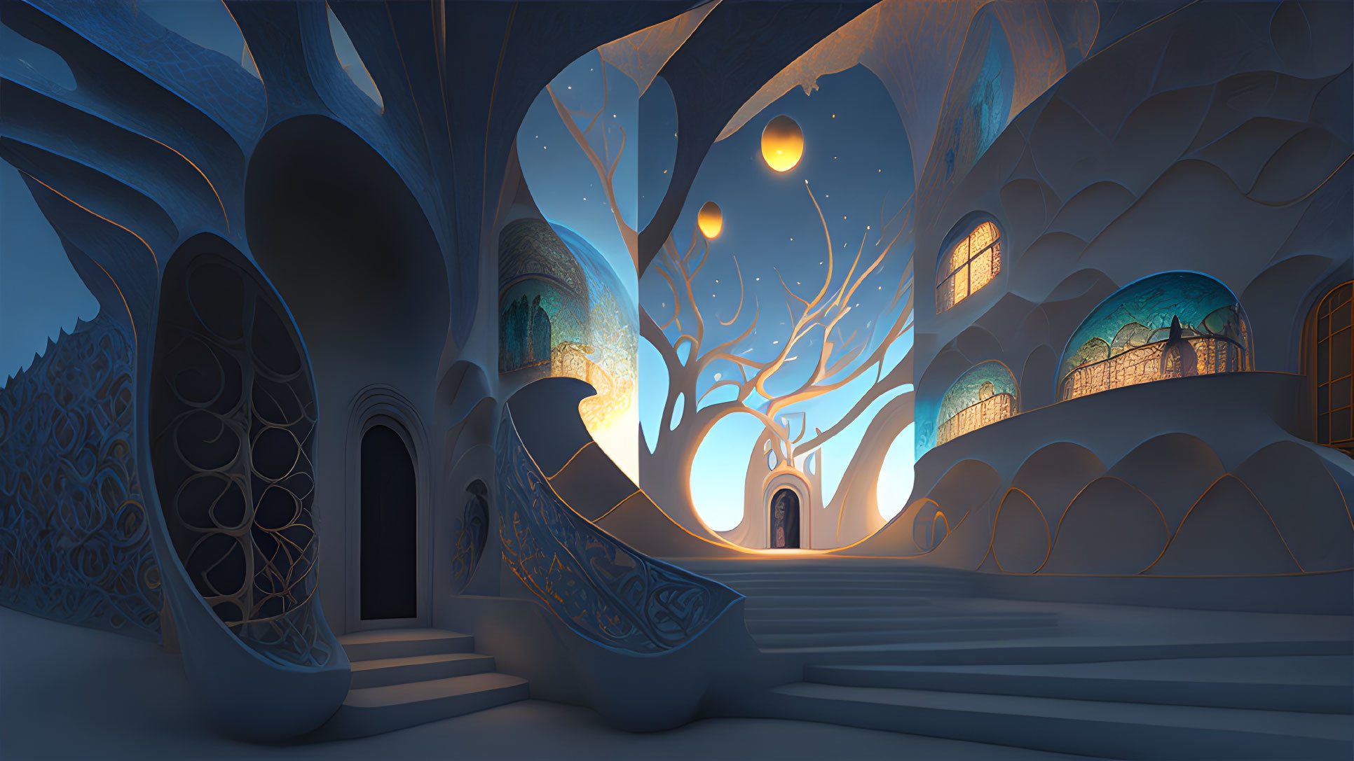 Surreal interior with arched doorways, staircases, glowing orbs, and dreamlike lighting