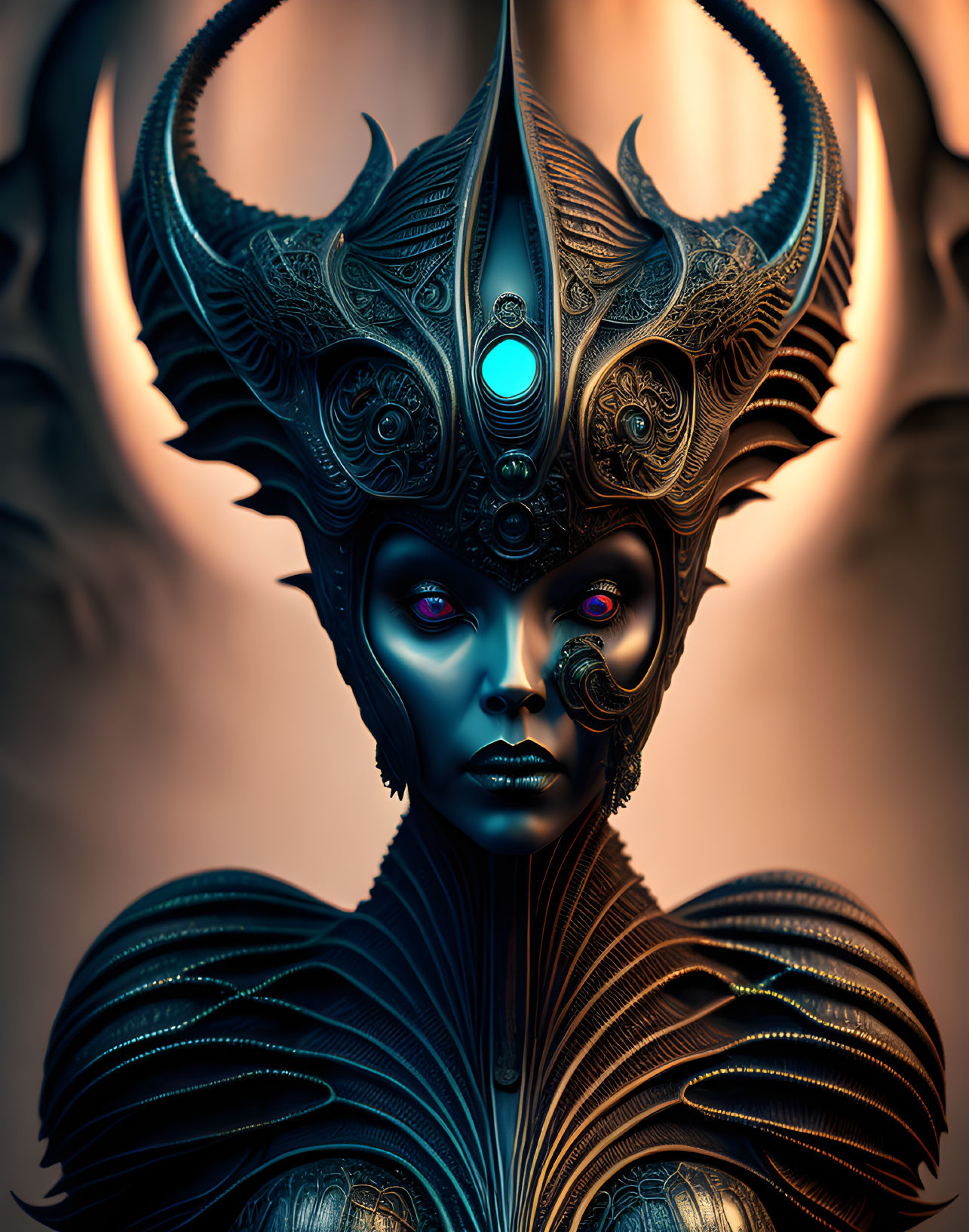 Digital artwork of woman with blue skin and ornate metal headdress and gem.