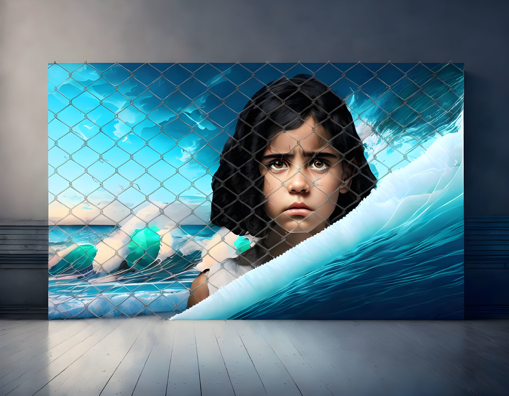 Digital artwork: Girl's face on wave, room with chain-link fence