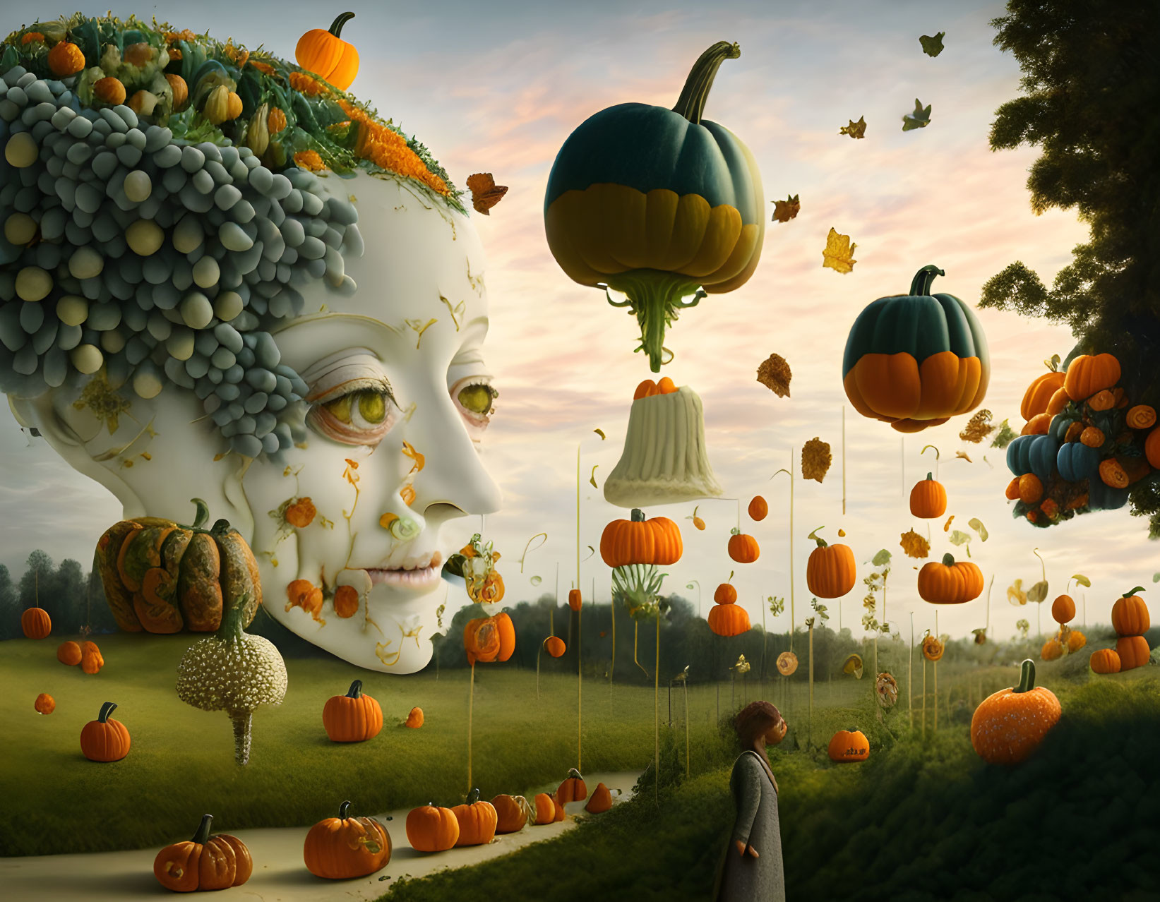 Surreal autumn landscape with giant face and floating pumpkins