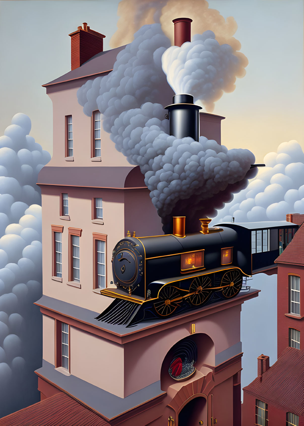 Surreal black vintage steam train on pink Victorian-style building