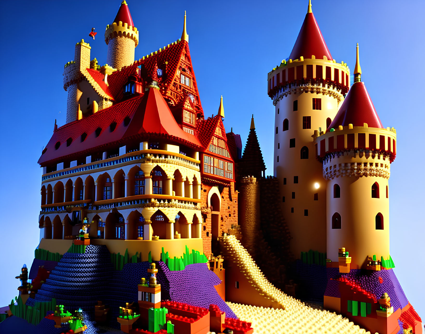 Vibrant LEGO castle with intricate towers and arched windows in a colorful landscape