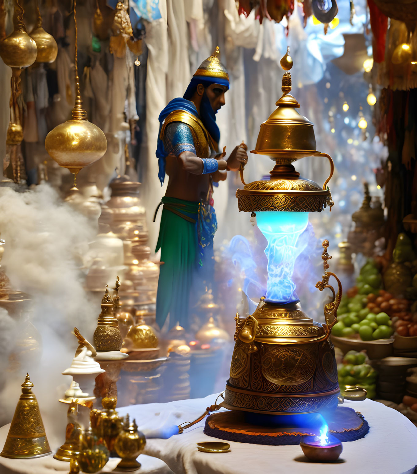 Man in Middle Eastern attire with magical lamp in vibrant marketplace