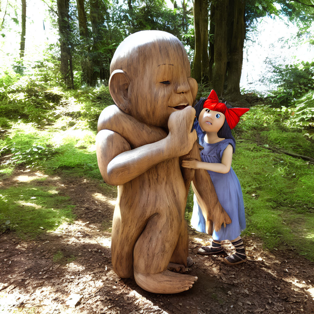 Wooden sculpture of seated creature observed by girl in forest setting