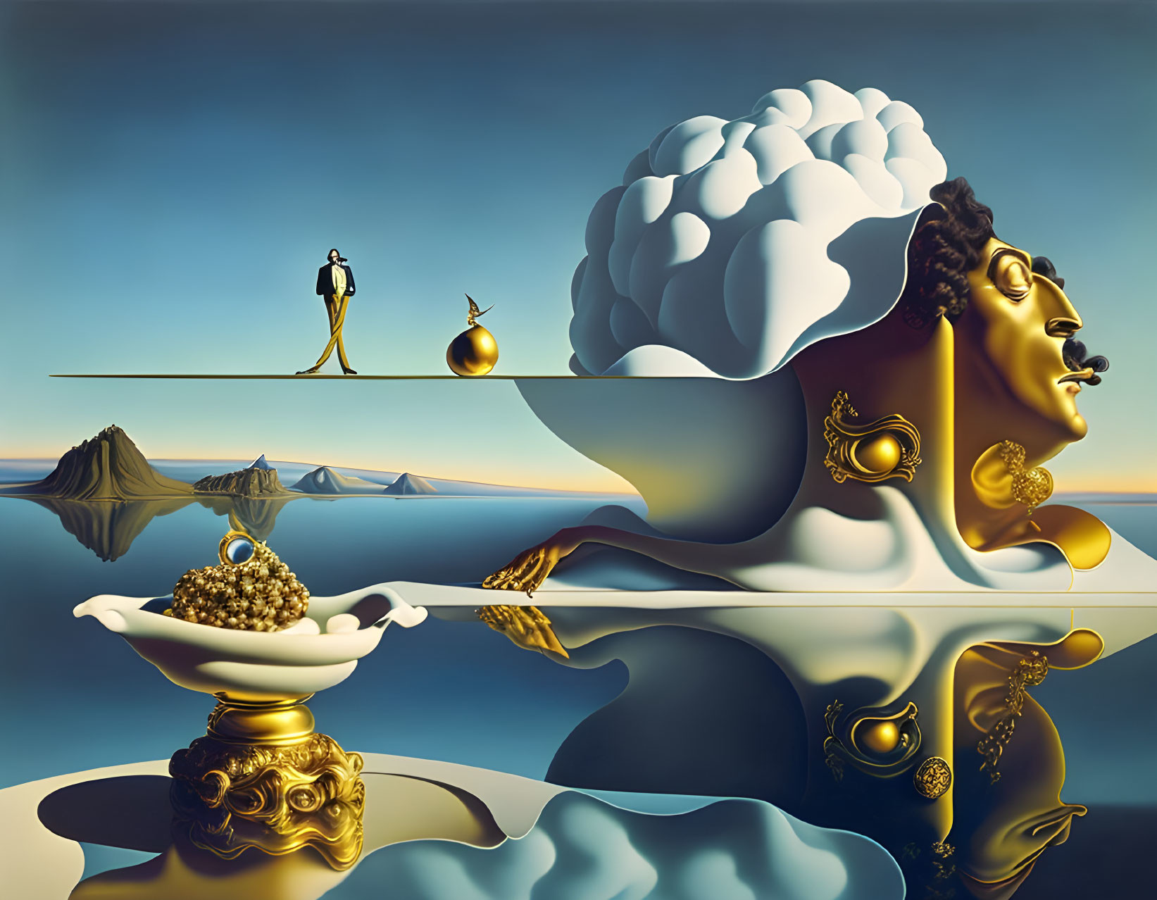 Surreal image: classical sculpture head, brain-shaped cloud, distant figure, calm waters.