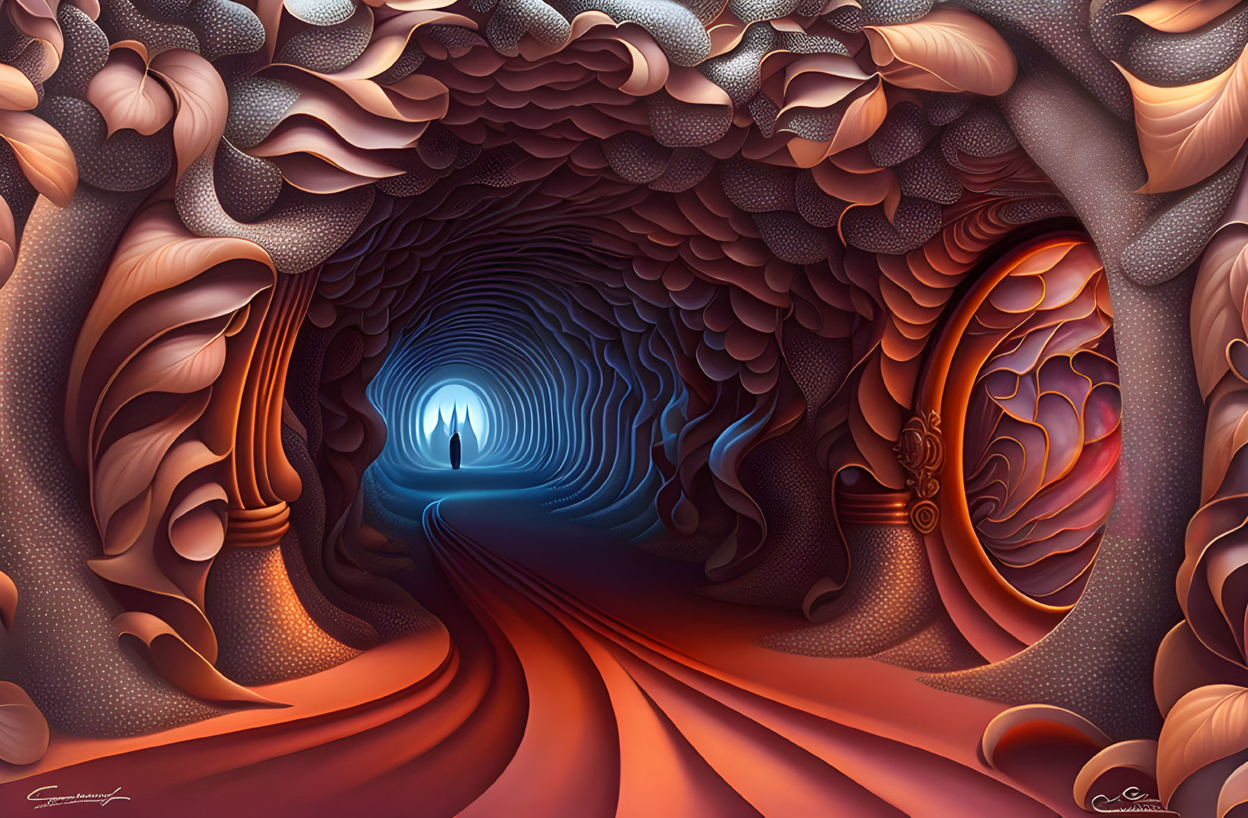 Digital Art: Tunnel Interior with Patterned Walls and Figure in Warm and Cool Tones