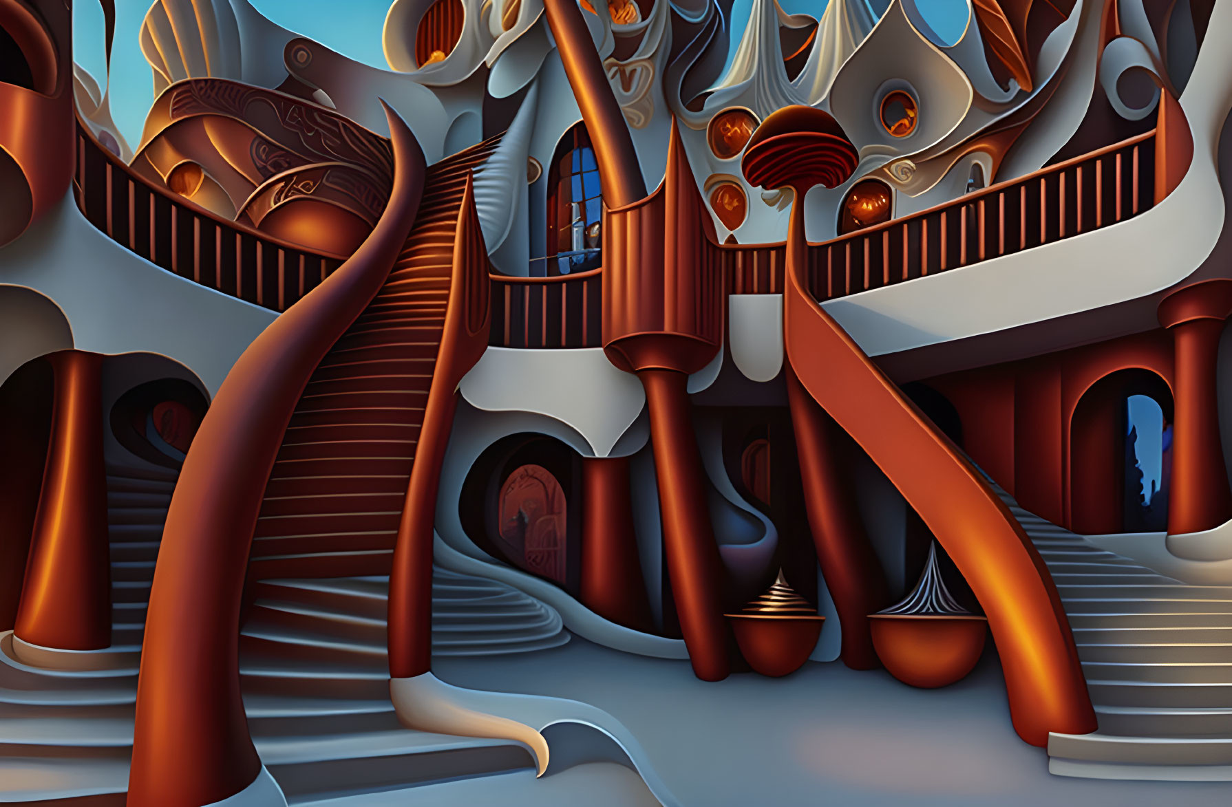 Curving Staircases and Archways in Warm-Toned Surreal Interior