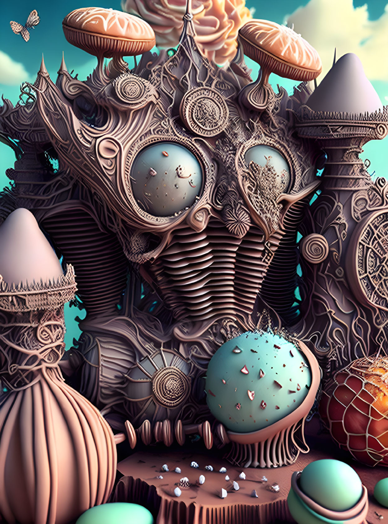 Intricate surrealistic artwork: mushroom structures, ornate textures, whimsical elements