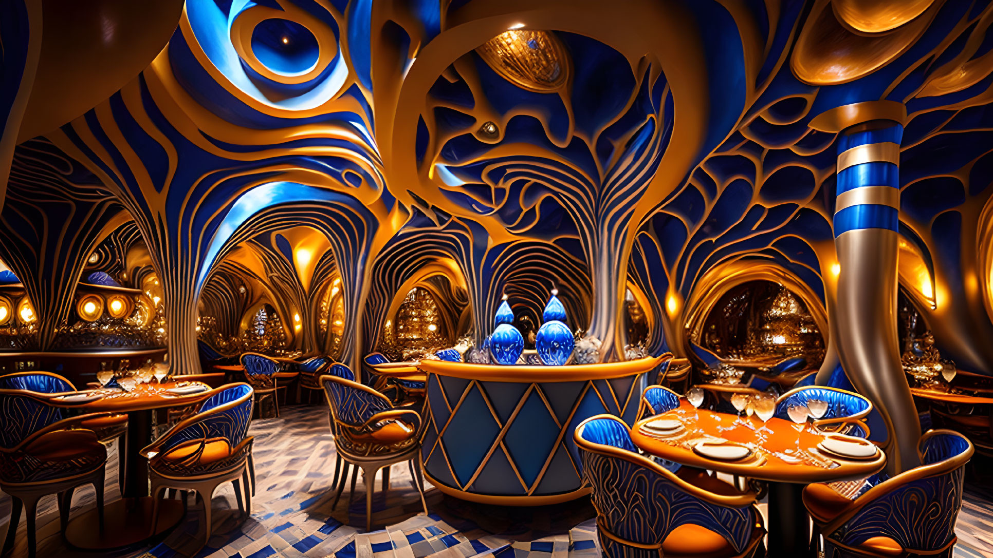 Surreal blue and gold-themed restaurant interior with organic designs and eye-like ceiling features