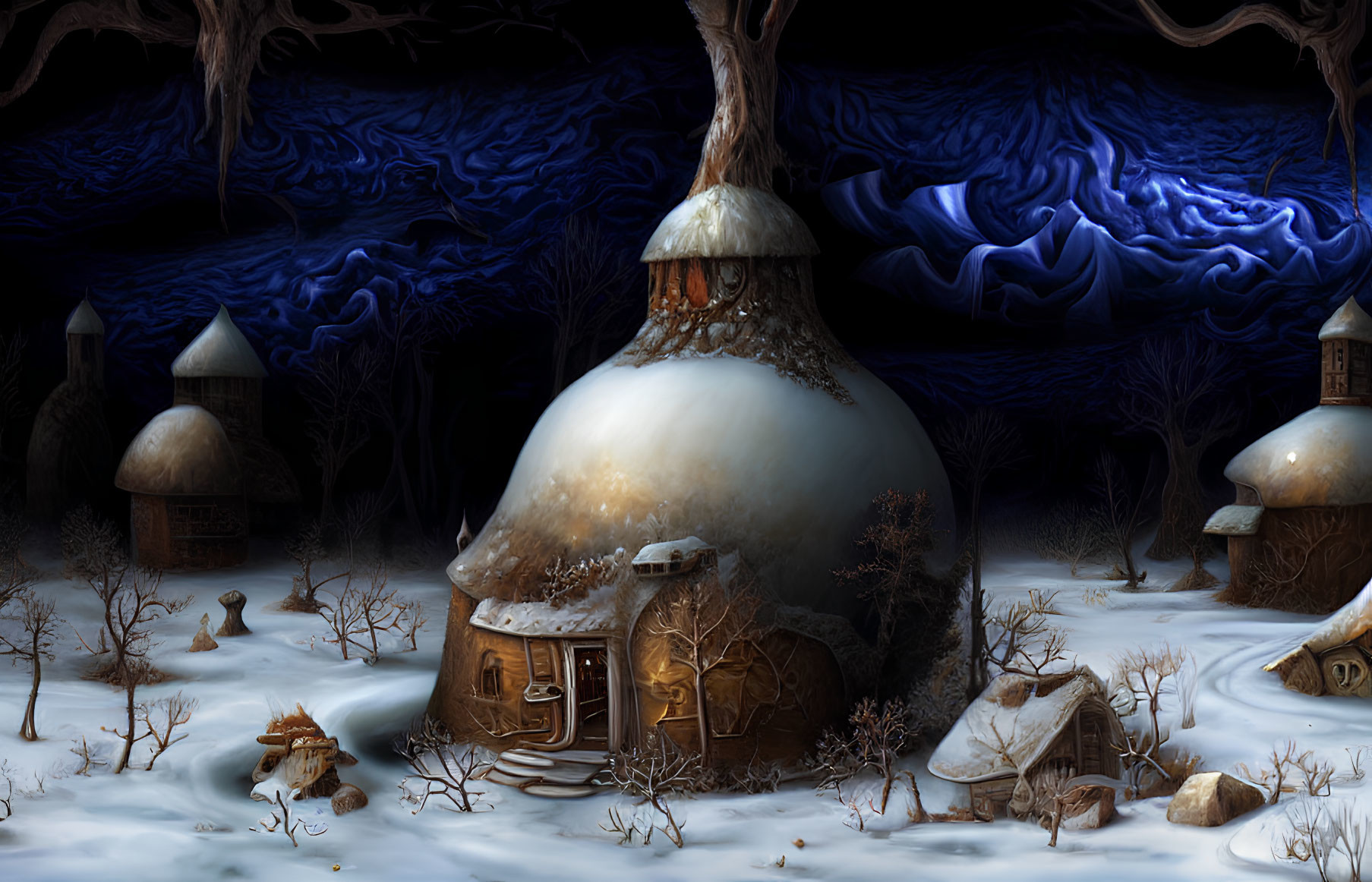 Snow-covered fantasy huts in whimsical winter night scene