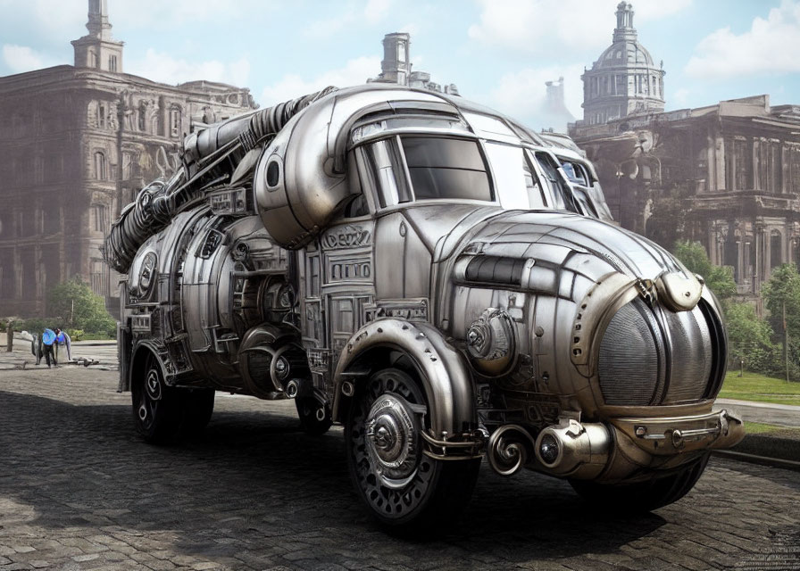 Futuristic metallic truck with tubular structures in urban setting.