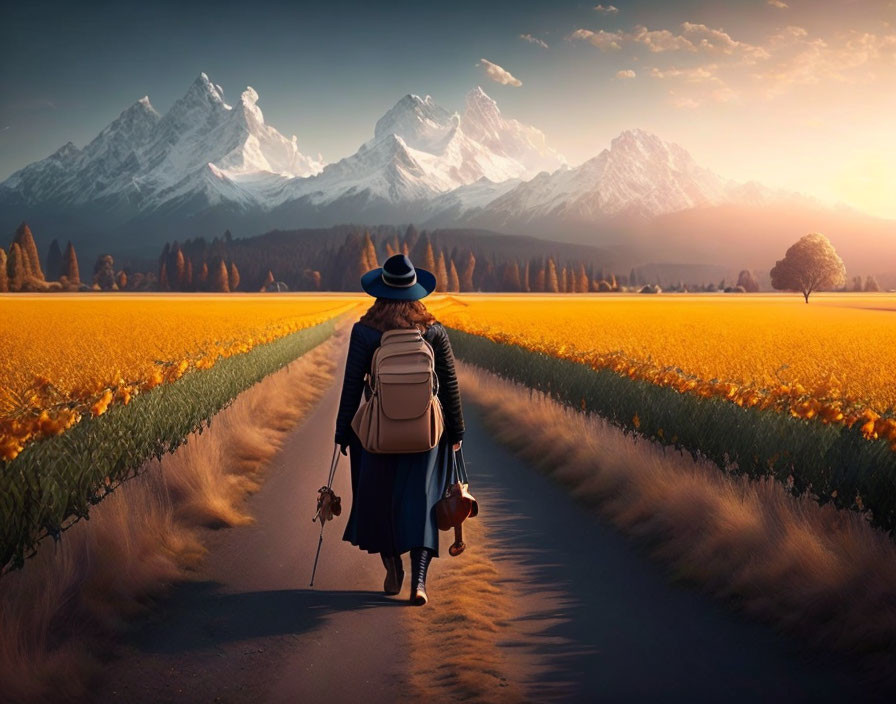 Person walking on path in yellow flower field with snowy mountains at sunset