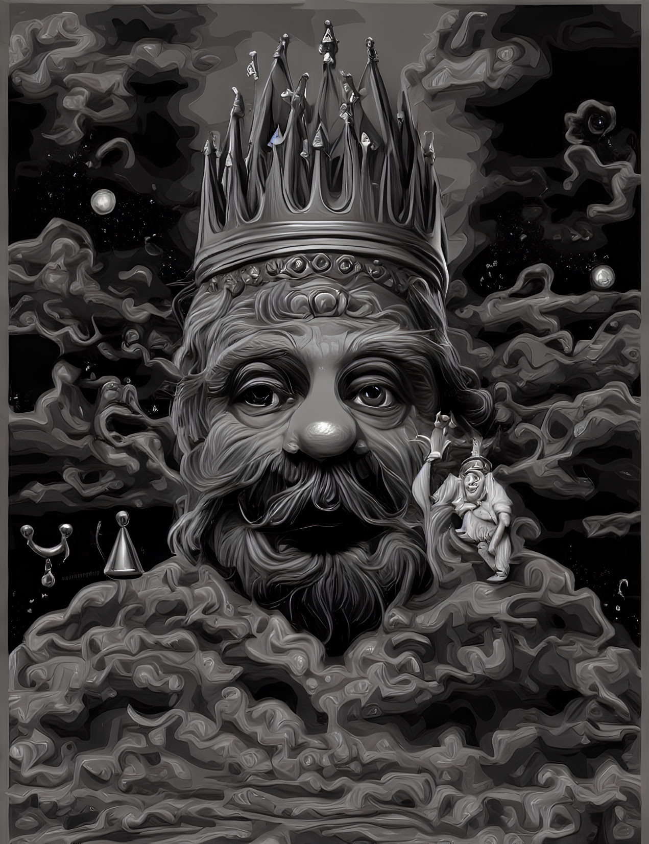 Regal figure with crown in monochromatic celestial scene