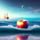 Surreal image: giant apple on ocean waves with ship, sea serpent, and bitten Apple logo