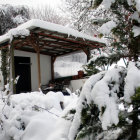 Snow-covered fantasy cottages nestled among frosted trees in a tranquil winter landscape