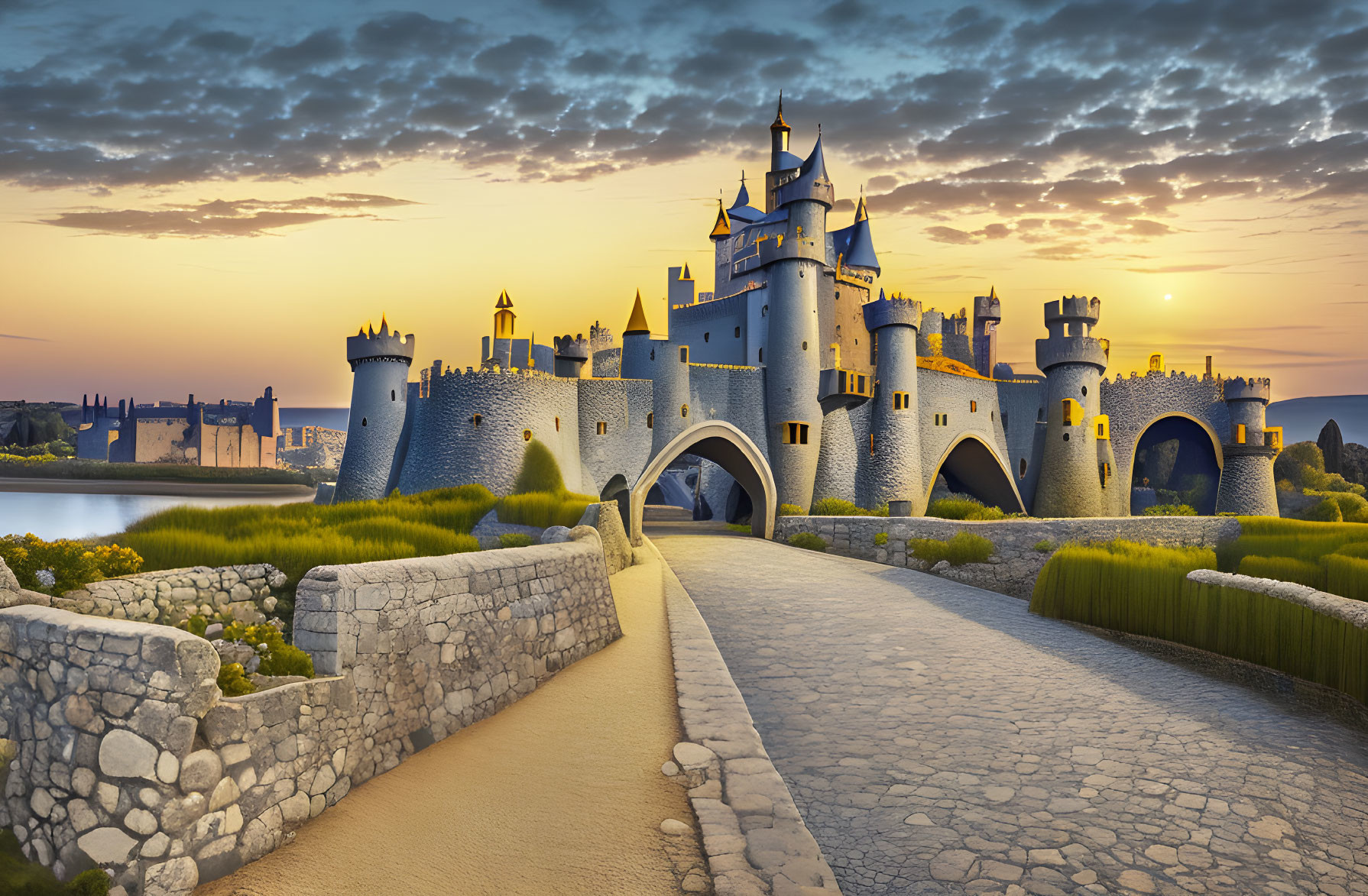 Majestic castle with spires and turrets against sunset sky