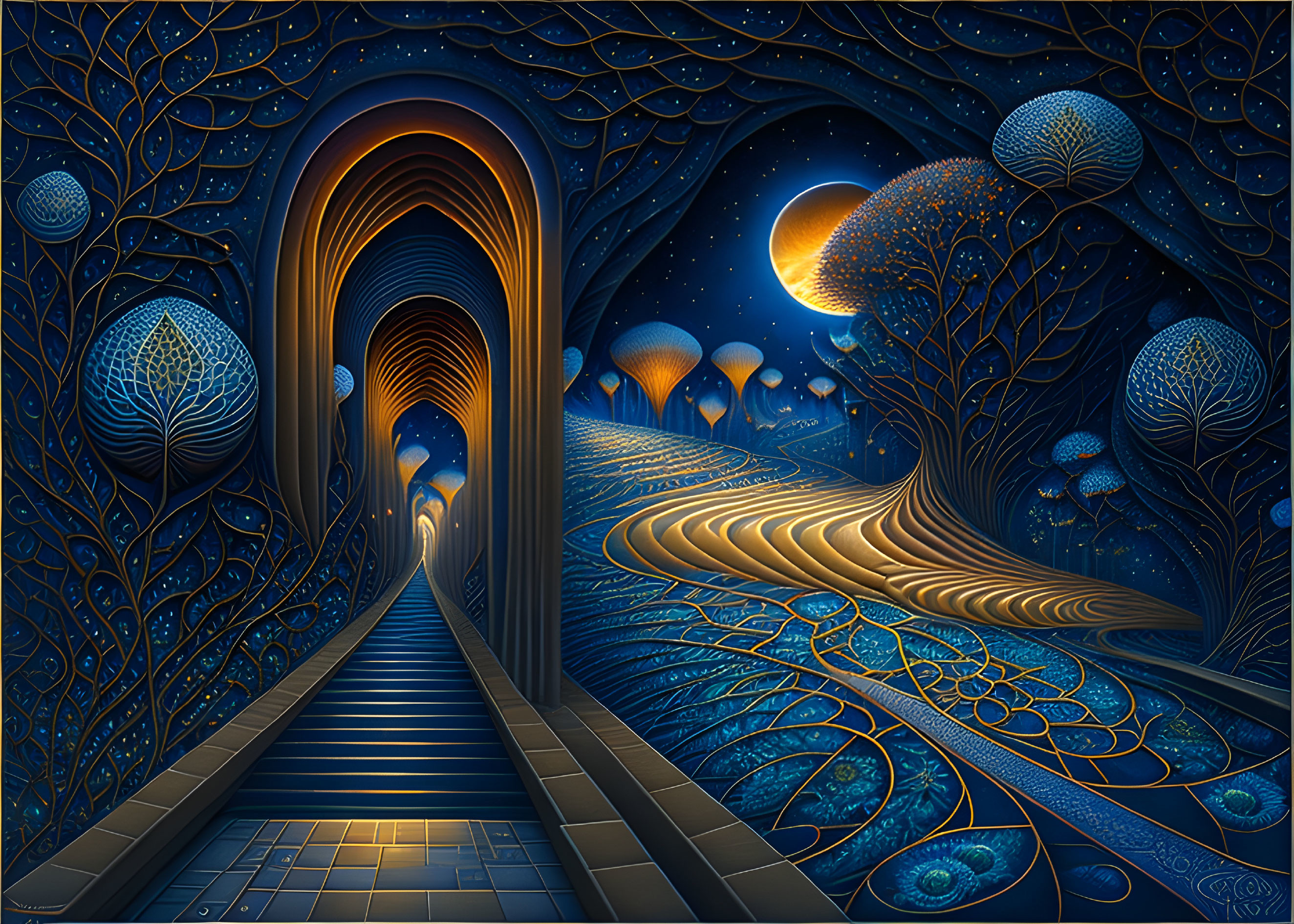 Fantastical landscape with archways, stylized trees, and warm glow at night