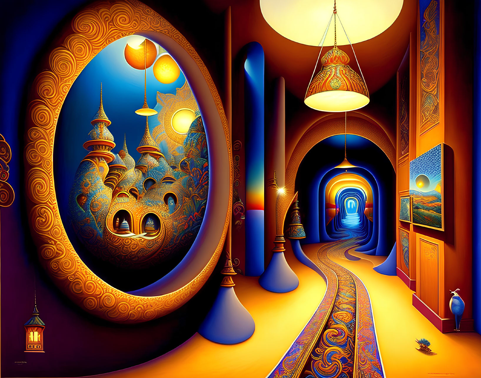 Colorful surreal artwork of ornate interior merging into Middle Eastern cityscape