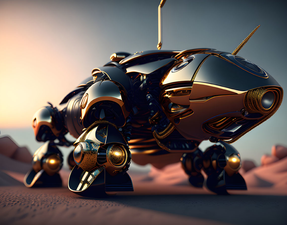 Futuristic metallic beetle robot with gold and black designs on sandy surface