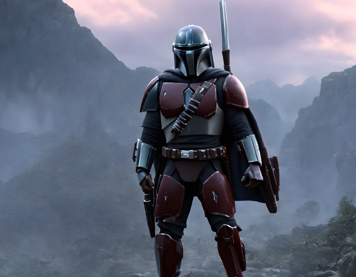 Armored figure with rifle and melee weapon in mountainous setting