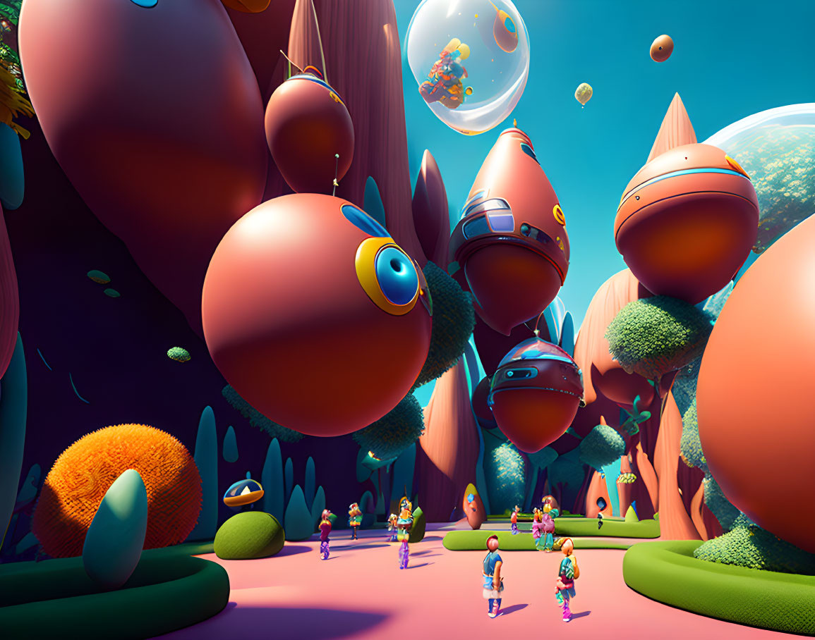 Vibrant 3D Alien Landscape with Floating Orbs and Robotic Fish