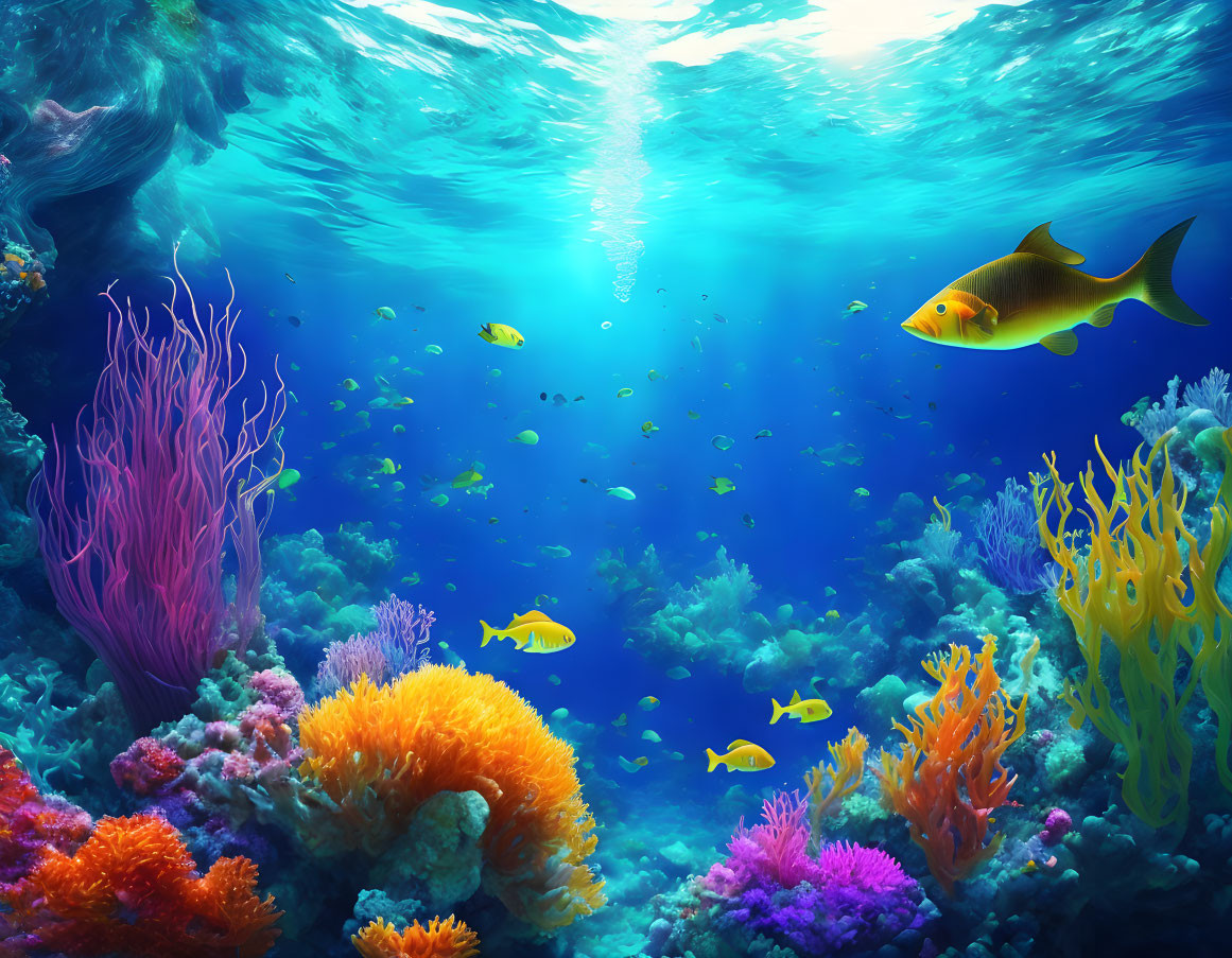 Colorful Coral and Fish in Sunlit Underwater Scene