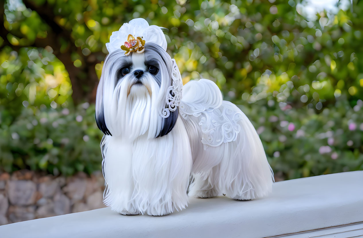 White Shih Tzu Dog with Bow and Band Posing Outdoors