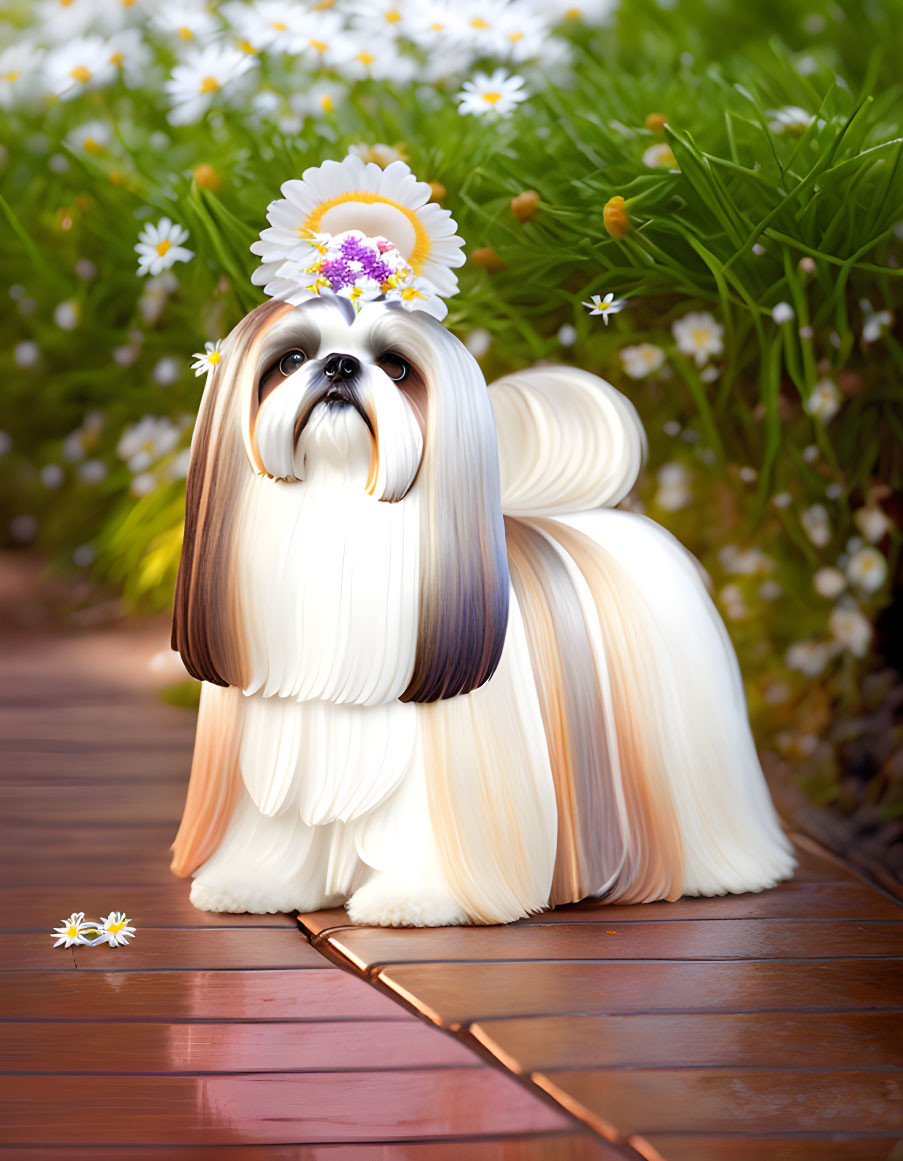 Stylized illustration of a Shih Tzu dog with glossy fur and flower, on wooden decking