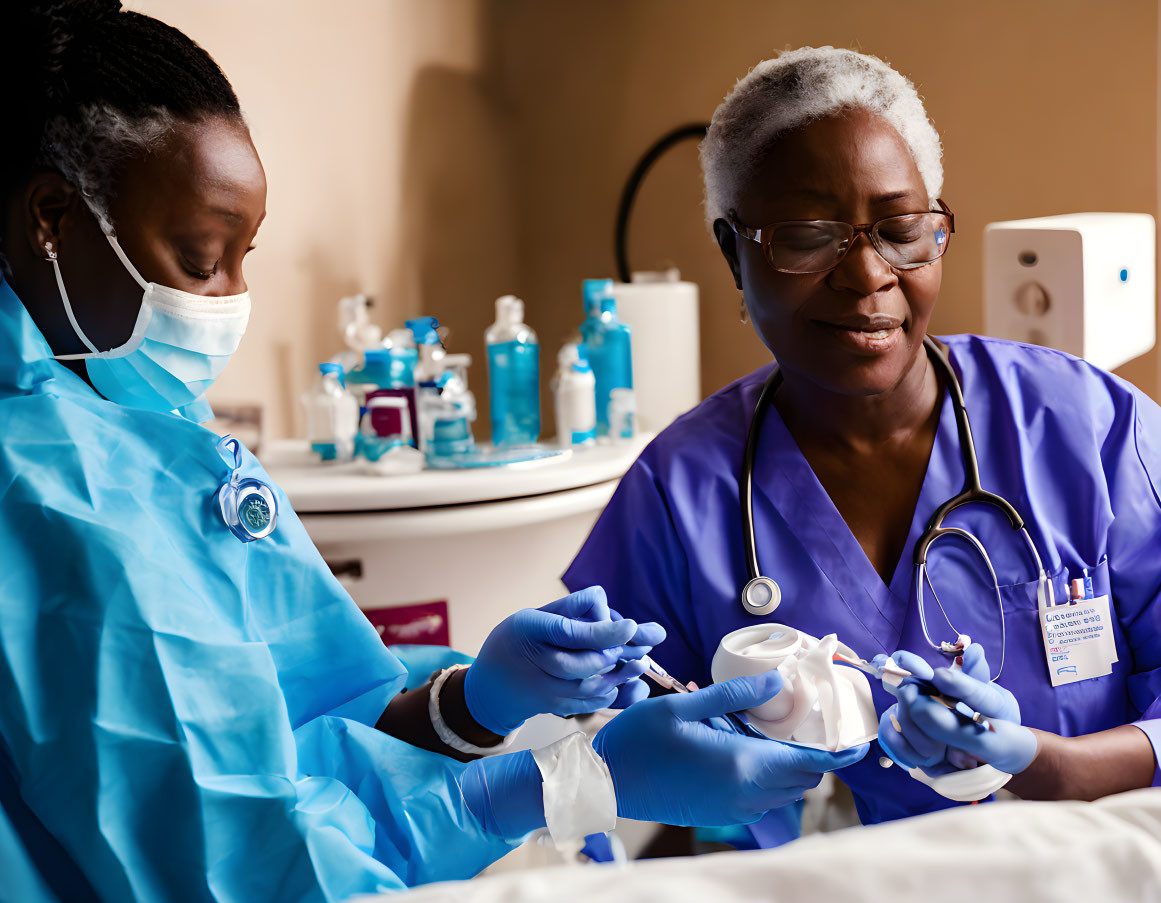 Healthcare Professionals in Scrubs with Masks and Gloves in Medical Room