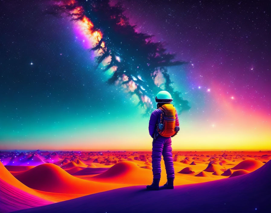 Astronaut on vibrant alien dunes under cosmic sky