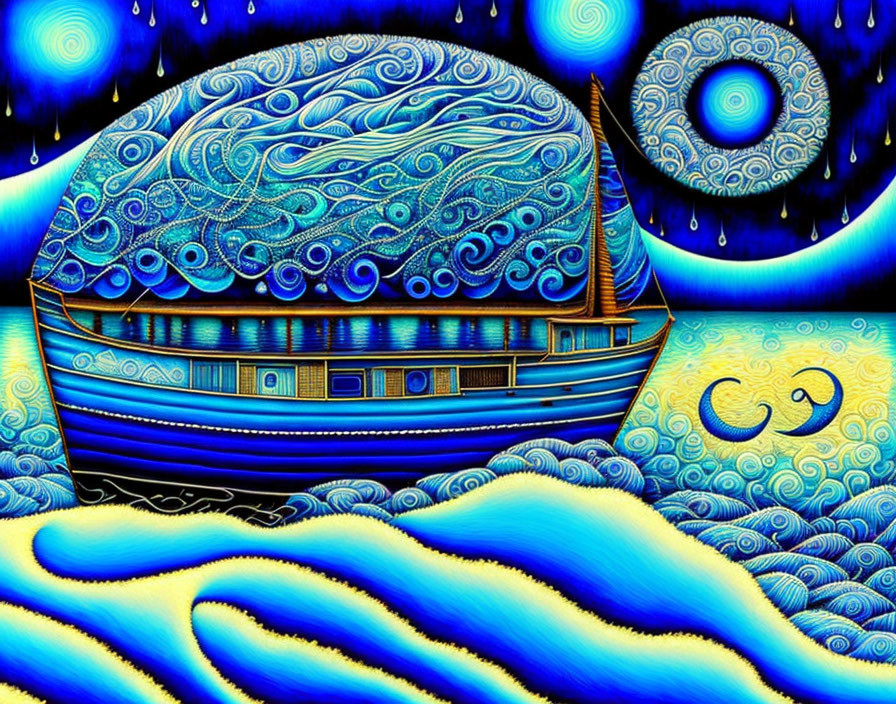 Colorful Psychedelic Boat Artwork on Blue Seas & Swirl Sky