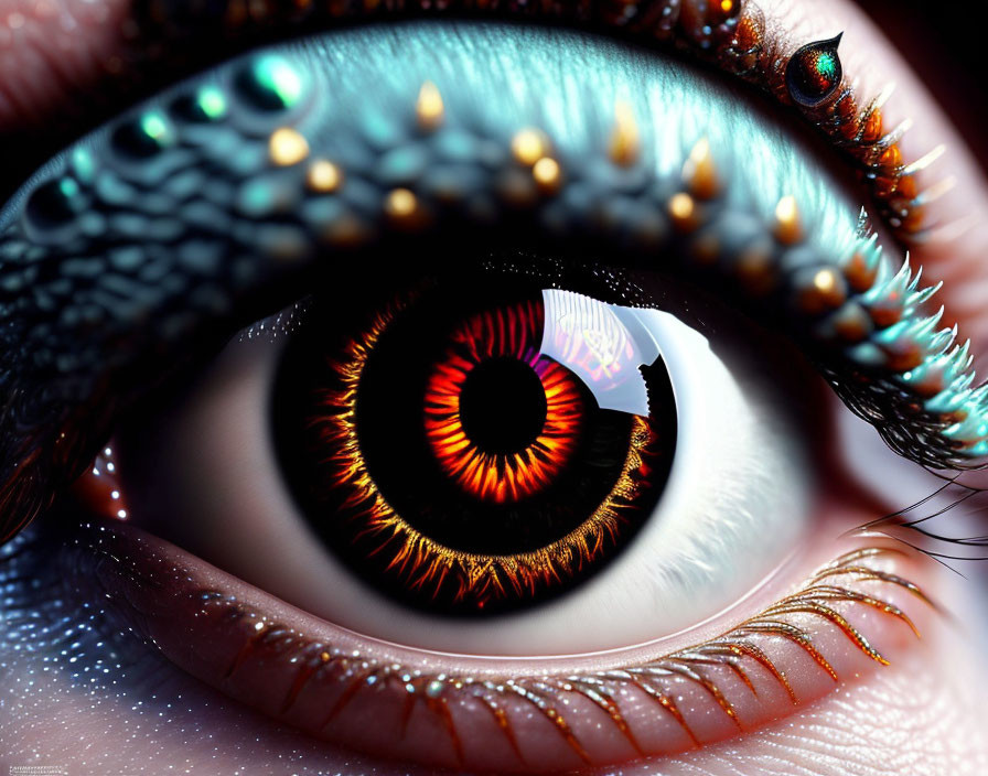 Detailed close-up of fantastical eye with fiery orange iris and blue scaly skin