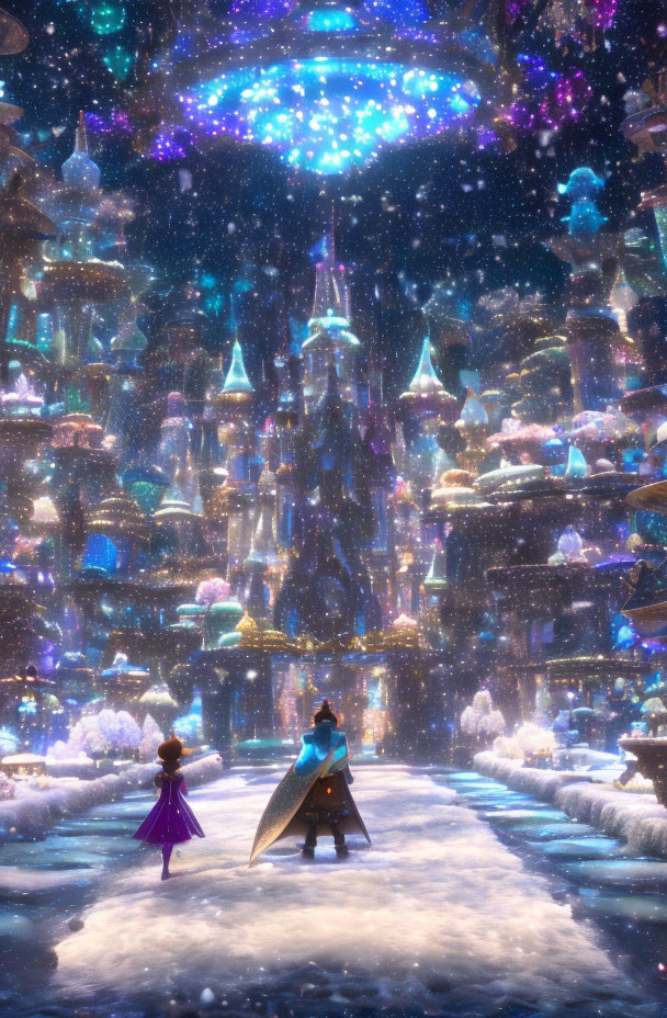 Animated characters admire snowy cityscape with futuristic towers at night