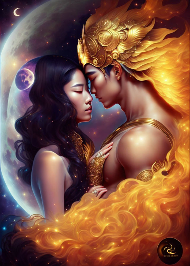 Stylized characters in golden attire embrace under crescent moon.