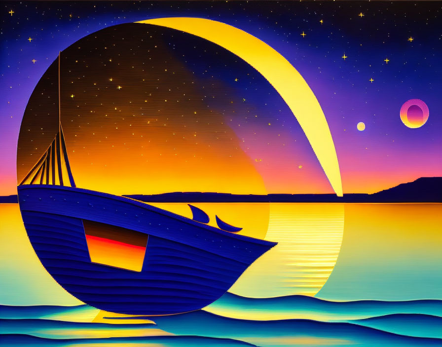 Stylized sunset boat illustration with moon, stars, and planet